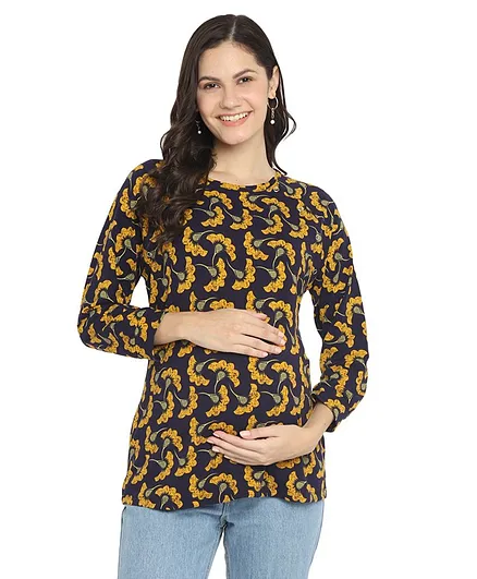 Momsoon Three Fourth Sleeves Floral Print Snap Button Detail Maternity Top - Yellow Blue