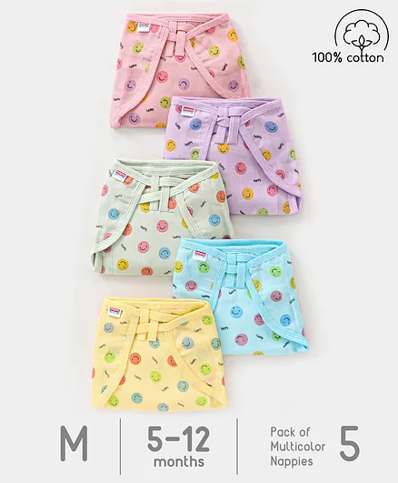Babyhug Muslin Cotton Dyed Printed Cloth Nappies Medium Set of 5 - Multicolour