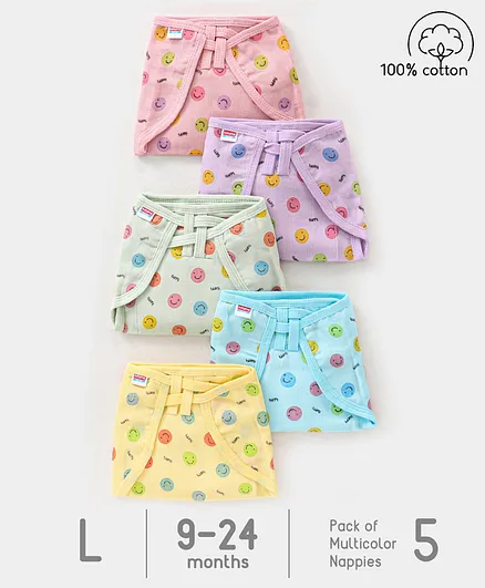 Babyhug Muslin Cotton Dyed Printed Cloth Nappies Large Set of 5 - Multicolour