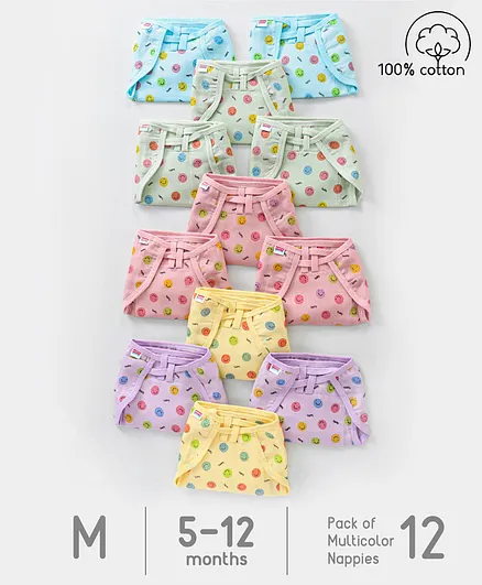 Babyhug Muslin Cotton Cloth Nappies Smiley Print Medium Pack Of 12- Multicolor