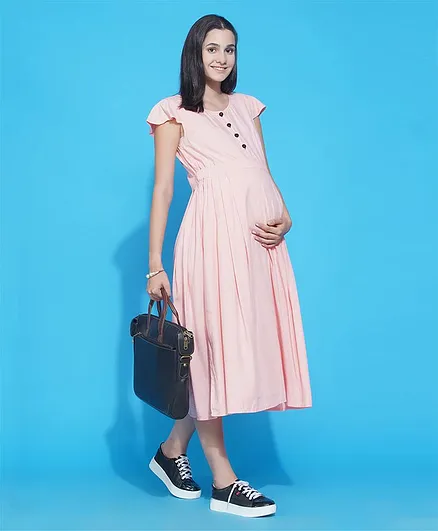 Mine4Nine Cap Sleeves Solid A Line Maternity Nursing Dress - Pink