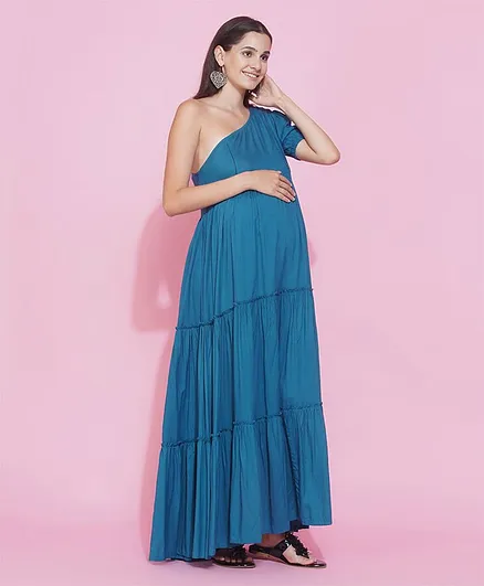 Mine4Nine Half Sleeves Solid Tiered Baby Shower Maternity Maxi Dress - Blue