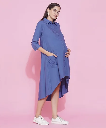 Mine4Nine Three Fourth Sleeves Solid Shirt Style Asymmetric Midi Maternity Nursing Dress - Blue