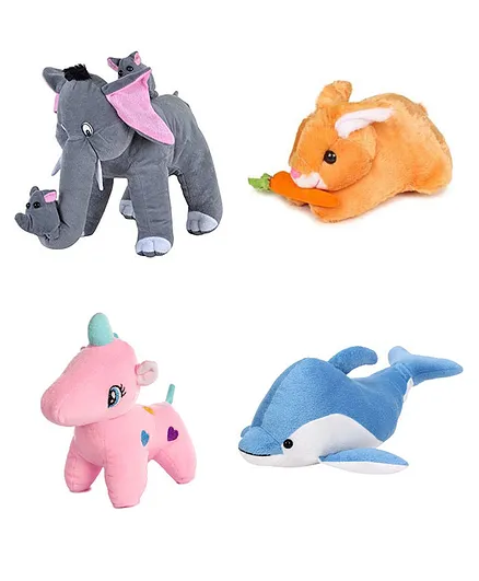 Deals India Combo of 4 Mother Elephant with Two Babies Unicorn Rabbit with Carrot and Dolphin Soft Toys Multicolor - Length 26 cm