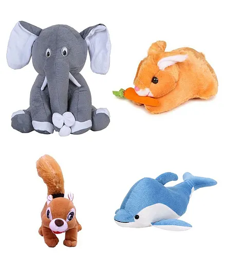 Deals India Combo of 4 Grey Sitting Elephant Squirrel Rabbit with Carrot and Dolphin Soft Toys Multicolor - Length 26 cm