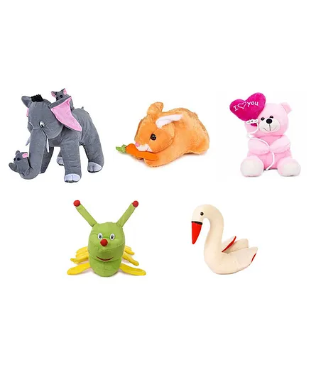 Deals India Combo of 5 Mother Elephant with Two Babies Caterpillar Swan Rabbit with Carrot and Pink Balloon Teddy Soft Toys Multicolor - Length 26 cm