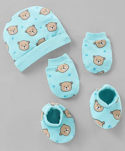Babyhug 100% Cotton Cap Mittens & Booties Set Teddy Print Blue - Diameter- 11 cm