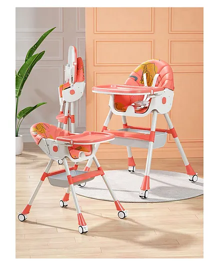 3 In 1 Recline Folding Baby High Chair With Adjustable Feeding Seat Along With Pu Cushion & Wheels - Baby Pink
