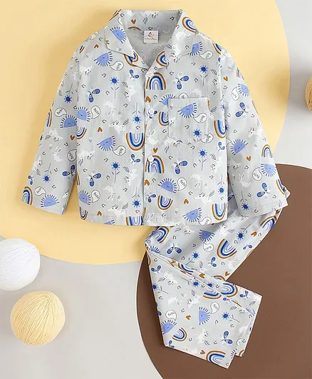 babywish Full Sleeves All Over Music Notes & Rabbit Printed 100% Cotton Shirt With Coordinating Pyjama - Grey