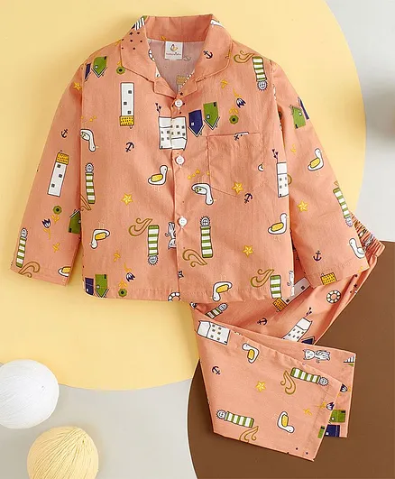 babywish Full Sleeves All Over House & Swan Printed 100% Cotton Shirt With Coordinating Pyjama - Peach