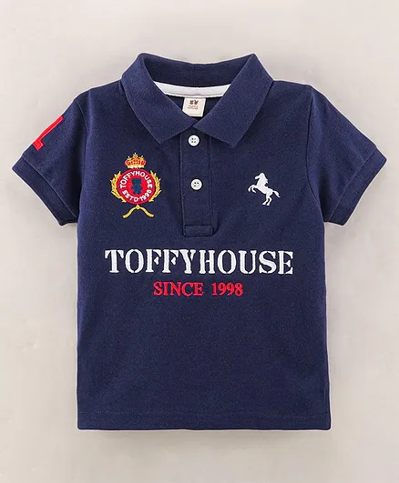 ToffyHouse Cotton Knit Half Sleeves T-Shirt Embroidered - Navy