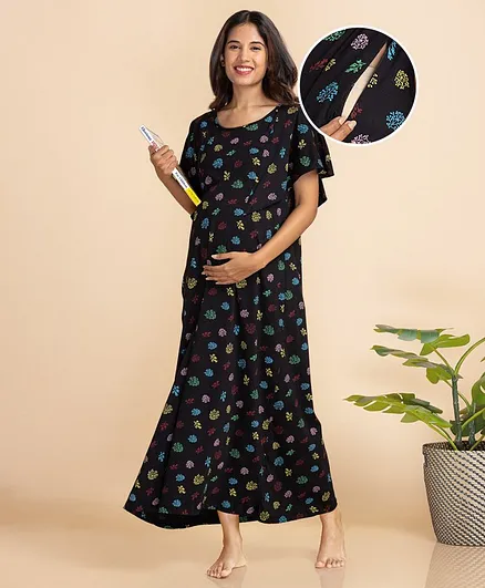 Bella Mama Short Sleeves Maternity Nursing Nighty Floral Print - Black
