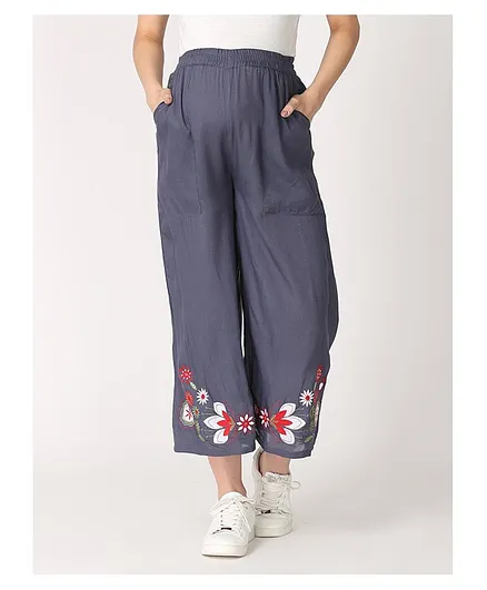 The Mom Store Comfy Belly Over Floral Garden Embroidered Maternity Culottes Pants - Grey