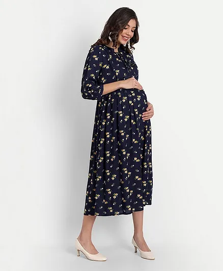 Aaruvi Ruchi Verma Three Fourth Sleeves Floral Printed Flared Maternity Dress - Navy Blue