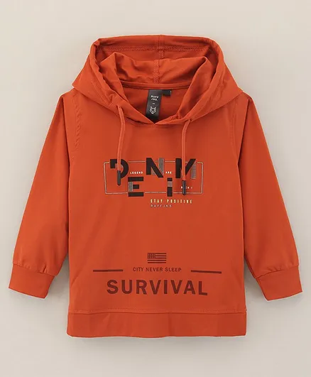 Ruff Full Sleeves Hooded T-Shirt Text Print - Orange