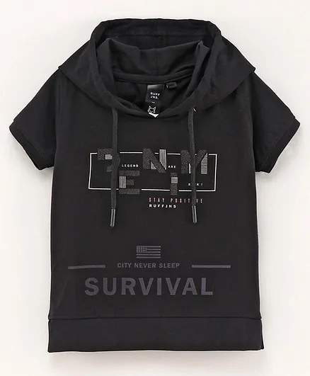 Ruff Full Sleeves Hooded T-Shirt Text Print - Black