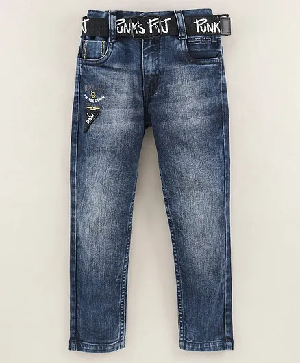 Ruff Full Length Cotton Denim Jeans Text Print with Belt - Blue