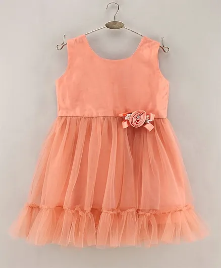 Enfance Sleeveless Self Designed Flower Applique Detailed Layered Tulle Dress - Dark Peach