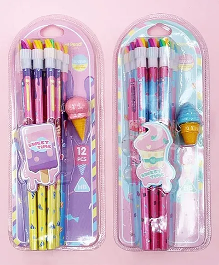 New Pinch Stylish Pencils Stationary Kit With Ice Cream Shaped Erasers Pack of 2 (Color May Vary)