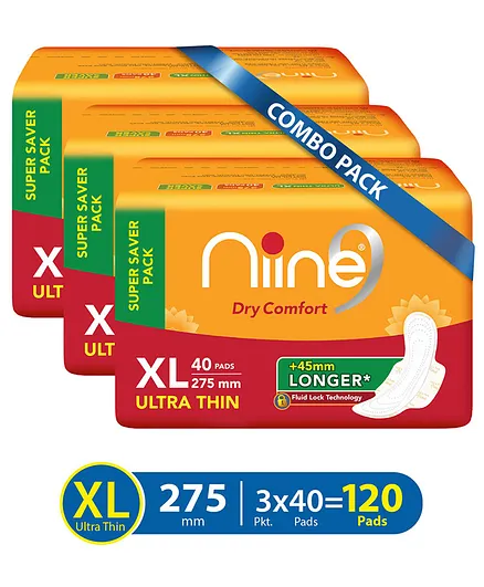 Niine Dry Comfort Ultra Thin Sanitary Pads XL Pack of 3 - 120 Pads