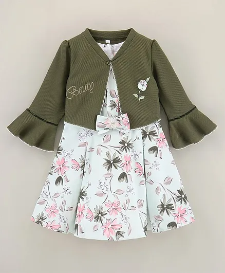 Enfance Three Fourth Bell Sleeves Flower Applique Detailed Shrug With All Over Flower Printed Box Pleated Dress - Green