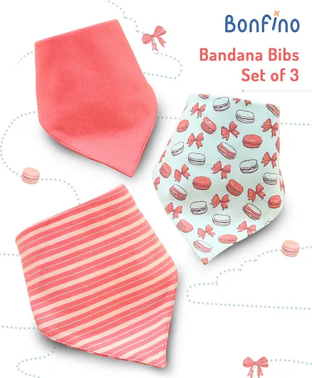 Bonfino Premium Cotton Bandana Bibs Macaroon Print Set Of 3 - Pink