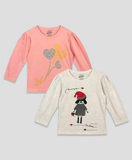 The Sandbox Clothing Co Pack Of 2 Full Sleeves Doll Love & Hearts Printed Tees - Grey & Pink