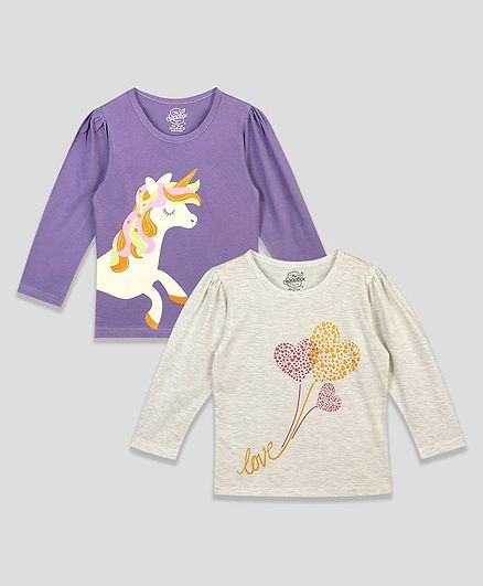 The Sandbox Clothing Co Pack Of 2 Full Sleeves Unicorn Love & Hearts Printed Tees - Grey & Purple