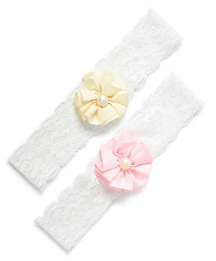 Funkrafts Set Of 2 Polka Dot Printed Flower Applique & Pearl Detailed Headbands - Off White & Pink