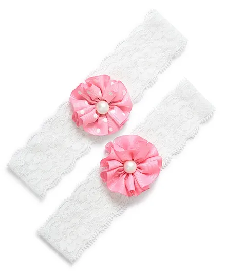 Funkrafts Set Of 2 Polka Dot Printed Flower Applique & Pearl Detailed Headbands - Baby Pink