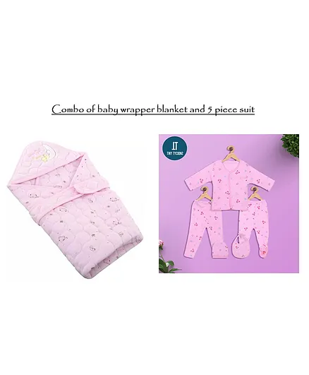 Tiny Tycoonz Combo of Woollen 5 Pieces Suit and Baby Hooded Wrapper - Pink