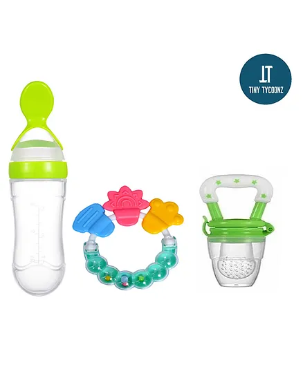 Tiny Tycoonz Combo of Fruit And Food Nibbler Spoon Feeder and Rattle Teether- Green
