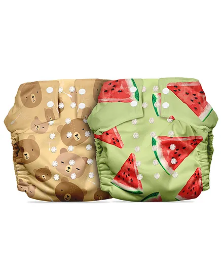 Mother Sparsh Free Size Cloth Diaper With Dry Feel Absorbent Soaker Pad Pack of 2 Watermelon Print - Multicolour