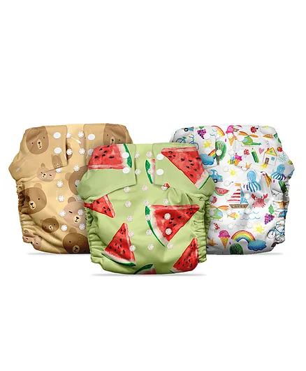 Mother Sparsh Free Size Cloth Diaper With Dry Feel Absorbent Soaker Pad Teddy Print Pack of 3 - Multicolour