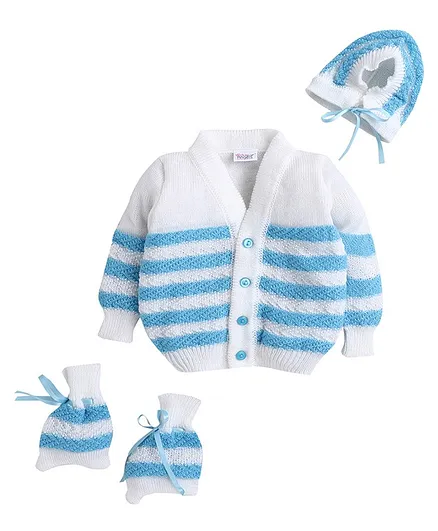 Little Angels Full Sleeves Striped Design Sweater With A Pair Of Mittens And A Cap - Blue White