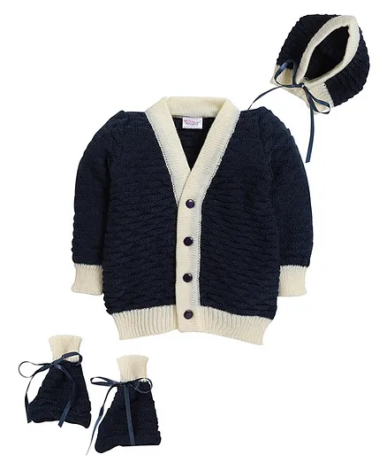 Little Angels Full Sleeves Self Design Sweater With A Pair Of Booties And A Cap - Navy Blue