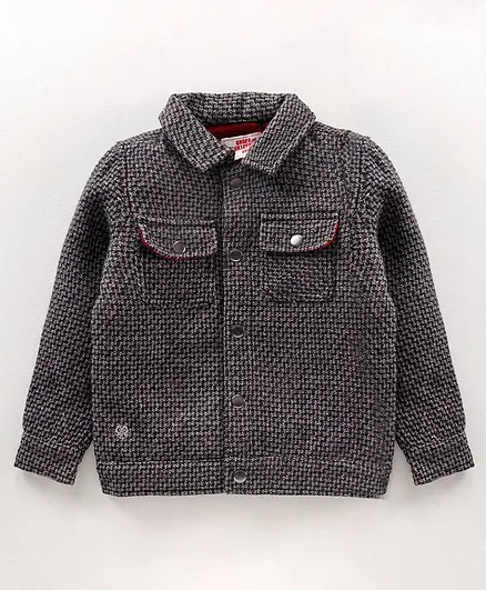 Under Fourteen Only Full Sleeves Gingham Checkered Woolen Jacket - Grey