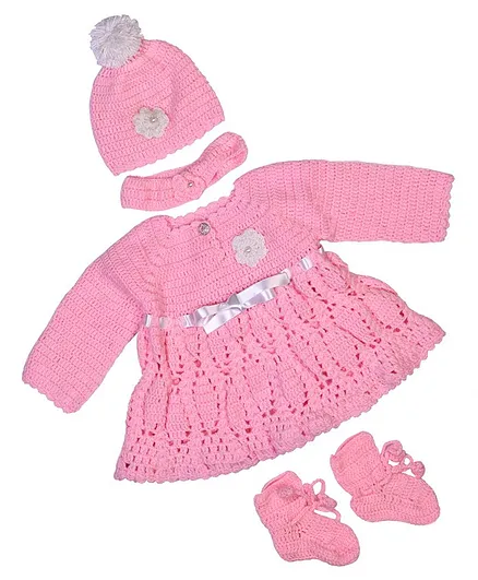 Tiekart Hand Knitted Full Sleeves  Flower Embroidered Dress With Cap Hair Band & Booties Set - Pink