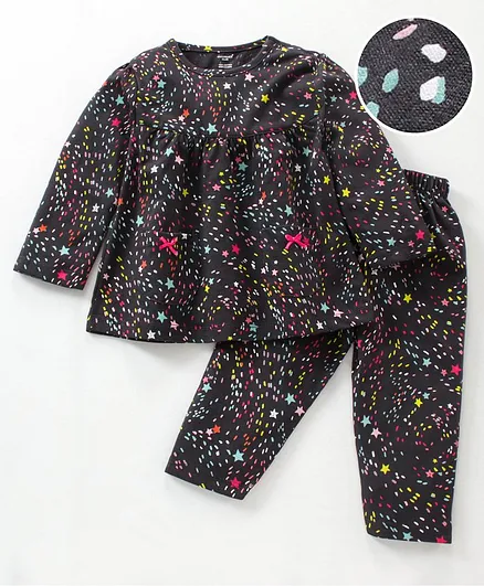 Cucumber Cotton Knit Full Sleeves Star Printed Night Suit - Brown