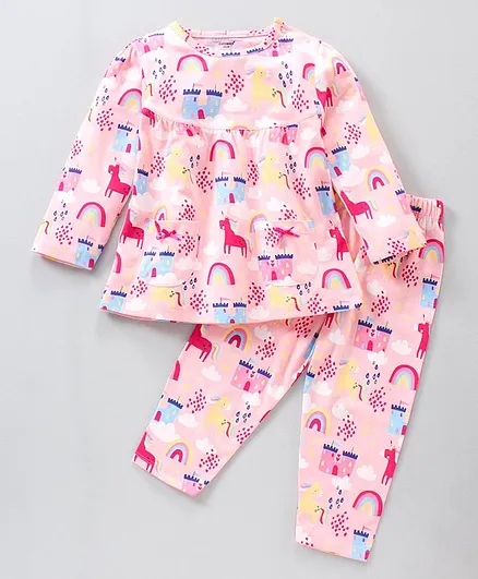 Cucumber Cotton Knit Full Sleeves Unicorn Printed Night Suit - Pink