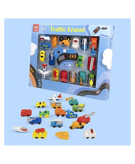 New Pinch Traffic Erasers Set for Kids School Stationary Kit of 17 Pcs - Multicolor