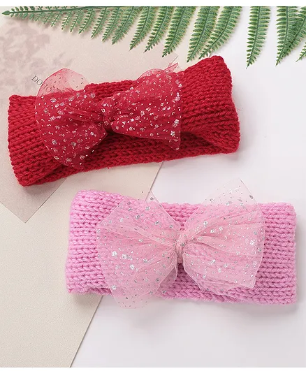Babyhug Free Size Headbands with Bow Applique Sequin Embellished Pack of 2 - Pink & Red
