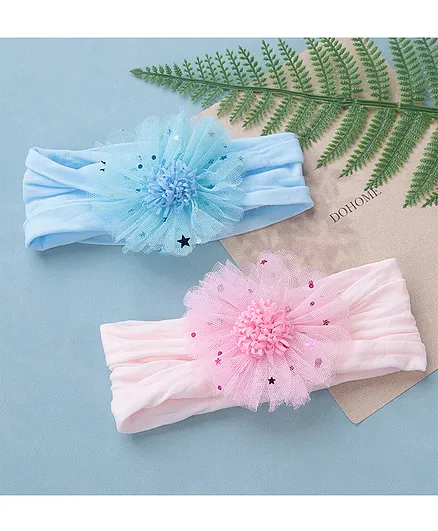 Babyhug Free Size Headbands with Bow Applique Sequin Embellished Pack of 2 - Pink & Blue