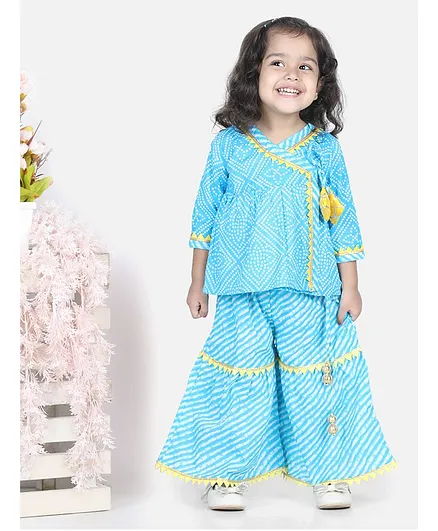 BownBee Three Fourth Sleeves Bandhani Angrakha Kurta With Leheriya Sharara Set - Blue