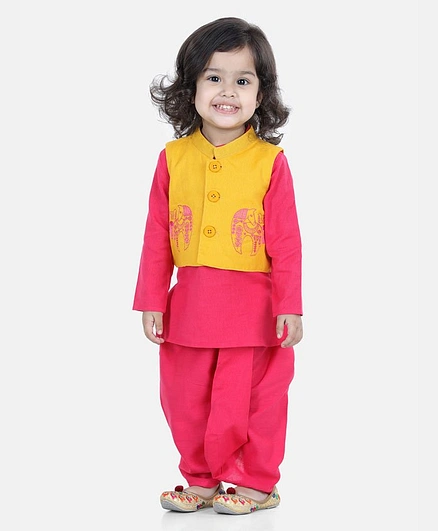 BownBee Full Sleeves Solid Kurta And Dhoti With Front Open Embroidered Jacket - Yellow