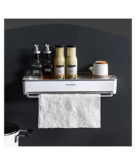 MOMISY Magic Sticker Series Plastic Kitchen and Bathroom Shelf with Towel Napkin Holder - White Grey