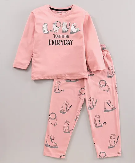 Doreme Cotton Full Sleeves T-Shirt & Pyjama Set Kitty and Text Print - Pink