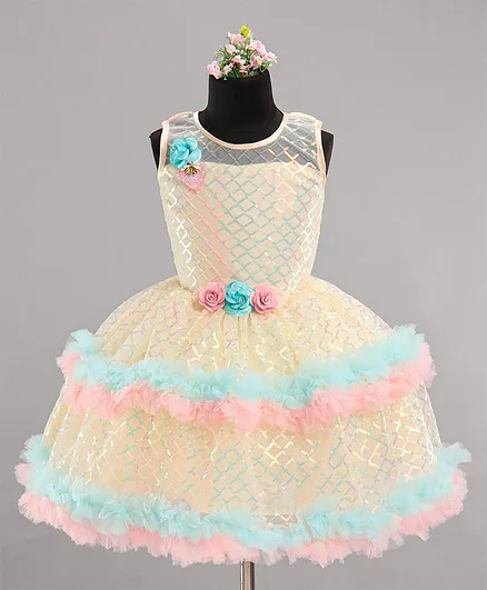 Enfance Sleeveless Sequin Embellished Floral Applique Detail Frill Party Dress - Beige