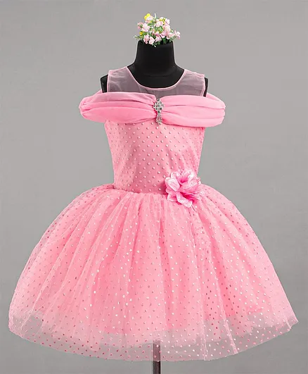 Enfance Cold Shoulder Sleeves Floral Applique Glitter Dots Printed Party Dress - Peach