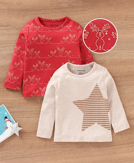 Babyoye Full Sleeves 100% Cotton With Eco Jiva Finish T-Shirt Christmas Theme Printed - Red and Beige